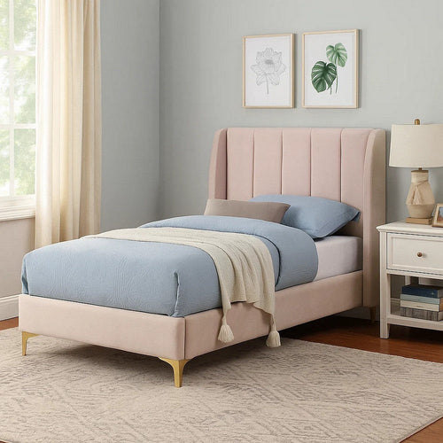 Pevy Queen Size Bed | Tufted Wingback in Light Pink Velvetlike Upholstery