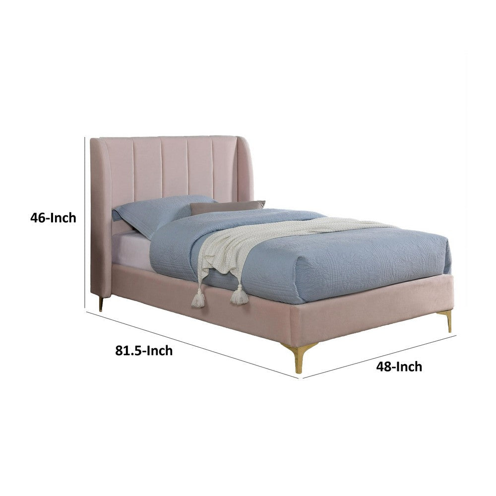 Pevy Twin Size Bed | Tufted Wingback in Light Pink Velvelike Upholstery BM342380