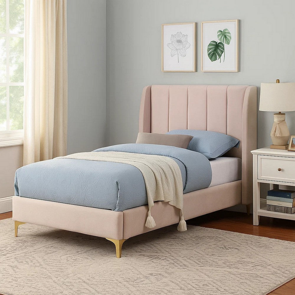 Pevy Twin Size Bed | Tufted Wingback in Light Pink Velvelike Upholstery