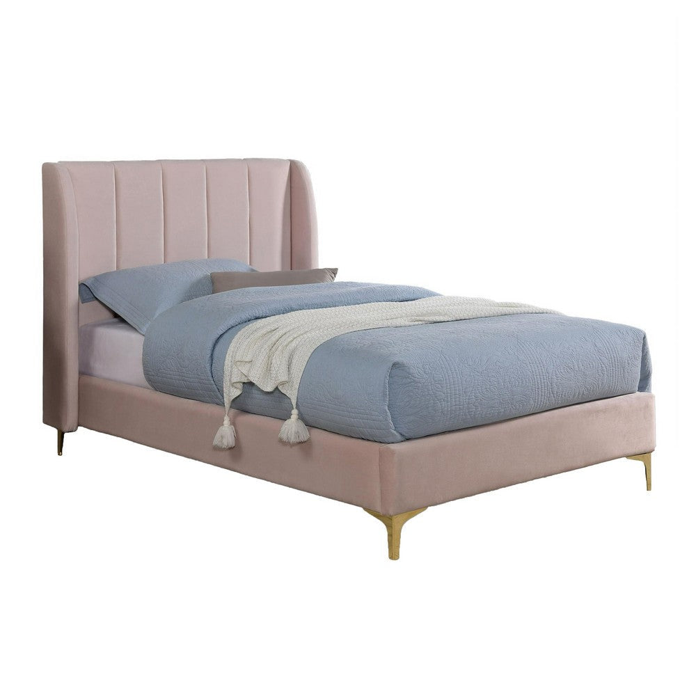 Pevy Twin Size Bed | Tufted Wingback in Light Pink Velvelike Upholstery BM342380