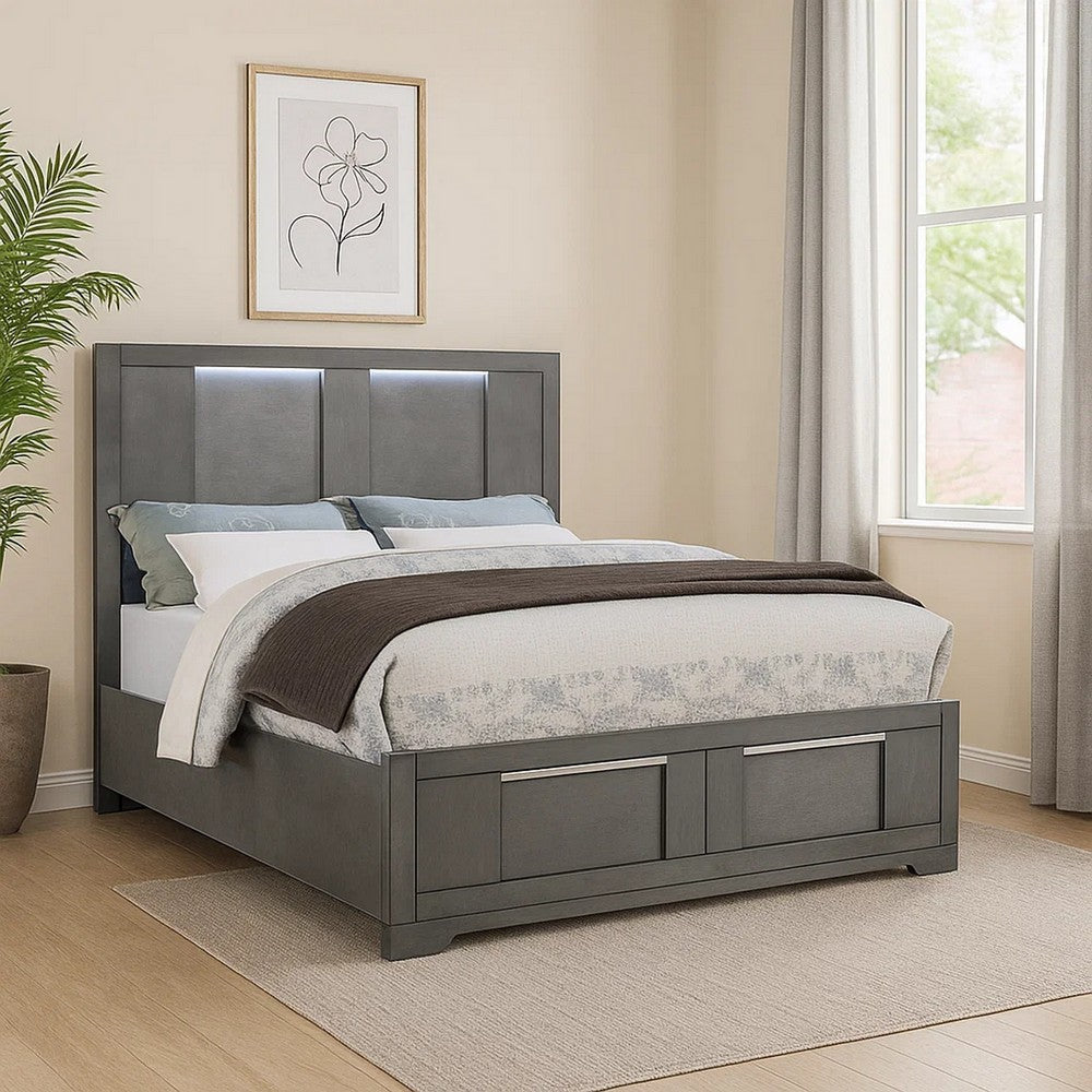 Levice Queen Size Bed | LED Headboard | 2 Footboard Storage Drawers | Gray BM342385