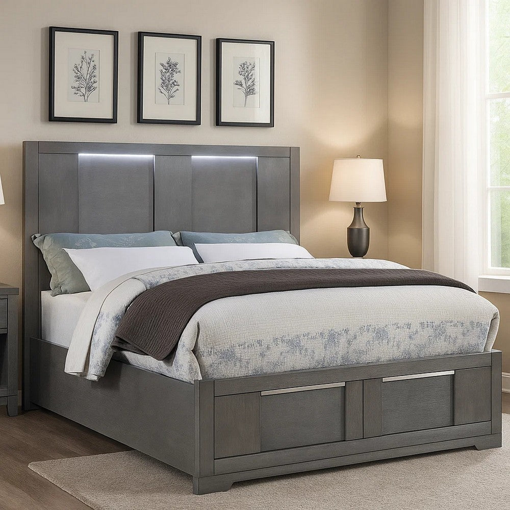Levice Queen Size Bed | LED Headboard | 2 Footboard Storage Drawers | Gray