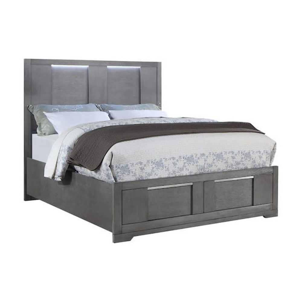 Levice Queen Size Bed | LED Headboard | 2 Footboard Storage Drawers | Gray BM342385