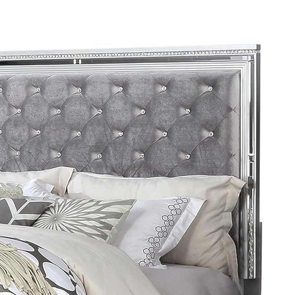 Fery Queen Size Bed | Gray Velvet Upholstery | Silver Mirror Accents BM342388