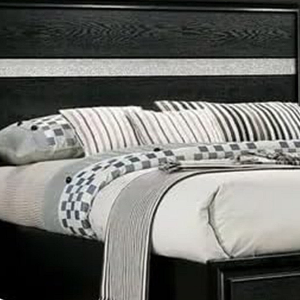Cevy Queen Size Bed | Footboard Drawers | Black Wood w Glitter Accents BM342389
