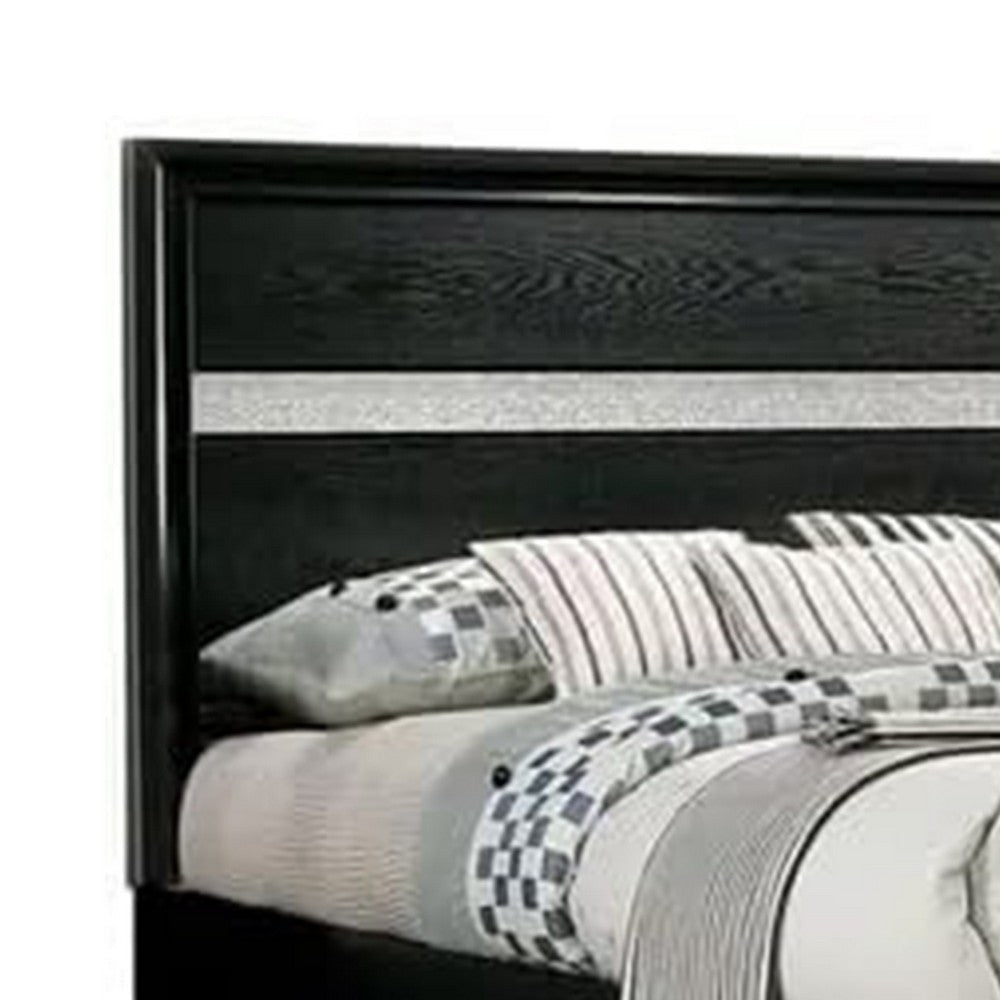 Cevy Queen Size Bed | Footboard Drawers | Black Wood w Glitter Accents BM342389