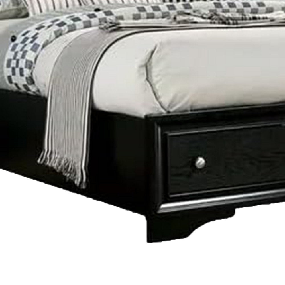 Cevy Queen Size Bed | Footboard Drawers | Black Wood w Glitter Accents BM342389
