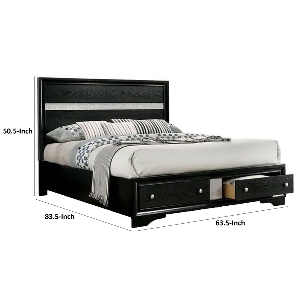 Cevy Queen Size Bed | Footboard Drawers | Black Wood w Glitter Accents BM342389