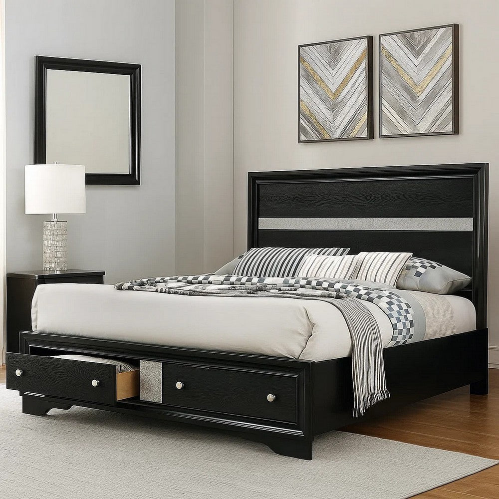 Cevy Queen Size Bed | Footboard Drawers | Black Wood w Glitter Accents BM342389