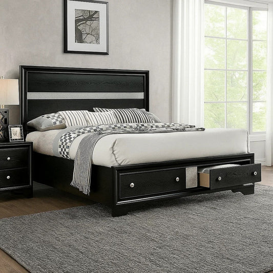 Cevy Queen Size Bed | Footboard Drawers | Black Wood w Glitter Accents