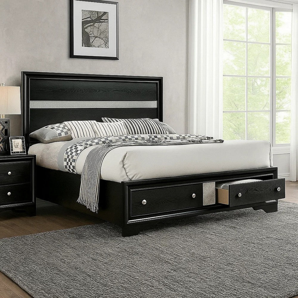 Cevy Queen Size Bed | Footboard Drawers | Black Wood w Glitter Accents
