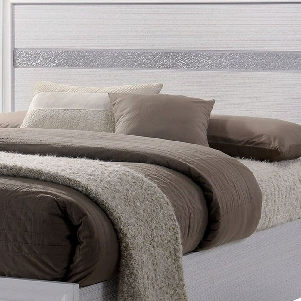 Cevy Full Size Bed | Footboard Drawers | White Wood w Glitter Accents BM342390