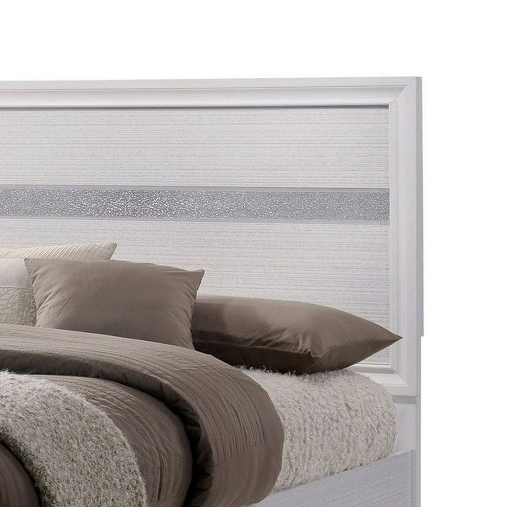Cevy Full Size Bed | Footboard Drawers | White Wood w Glitter Accents BM342390