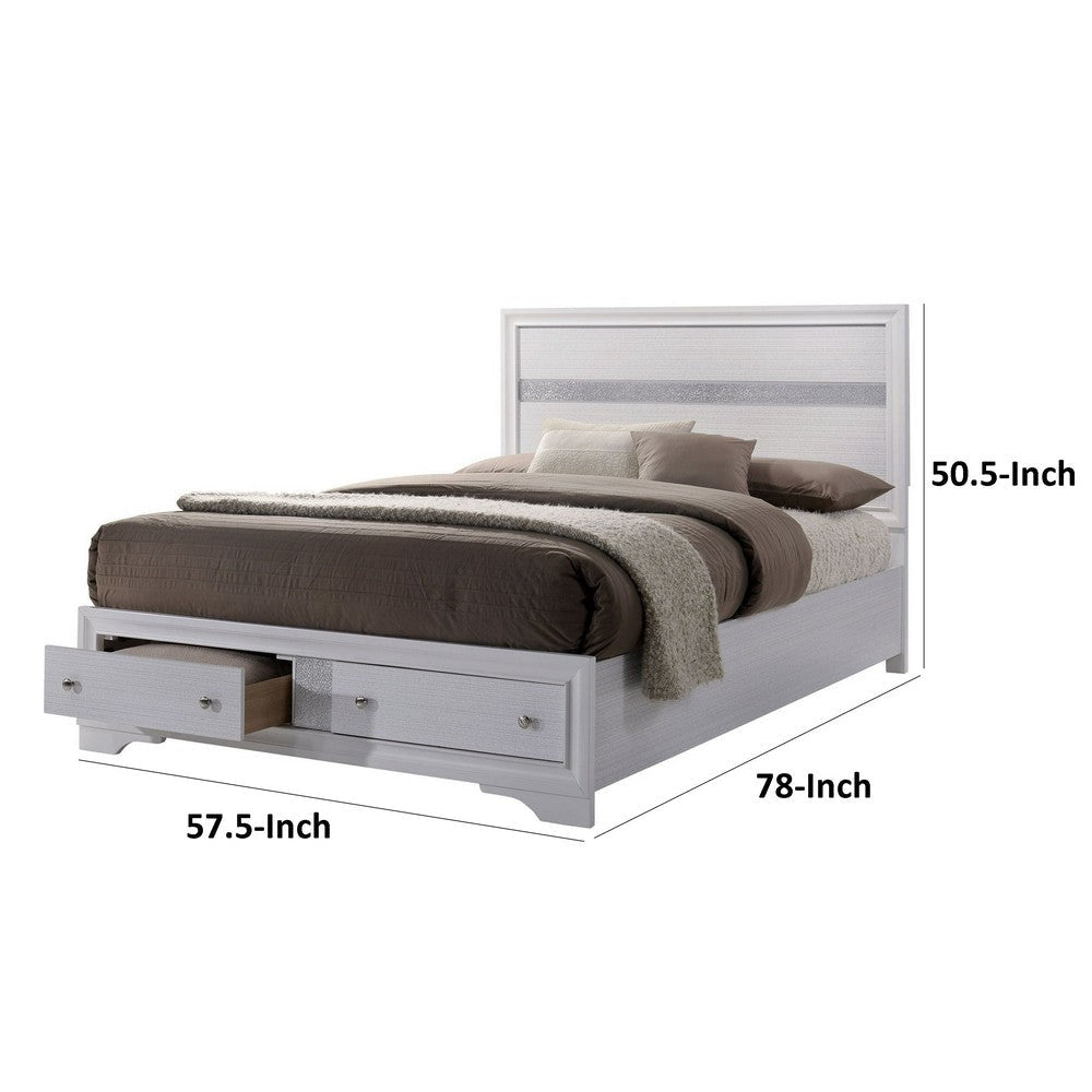 Cevy Full Size Bed | Footboard Drawers | White Wood w Glitter Accents BM342390