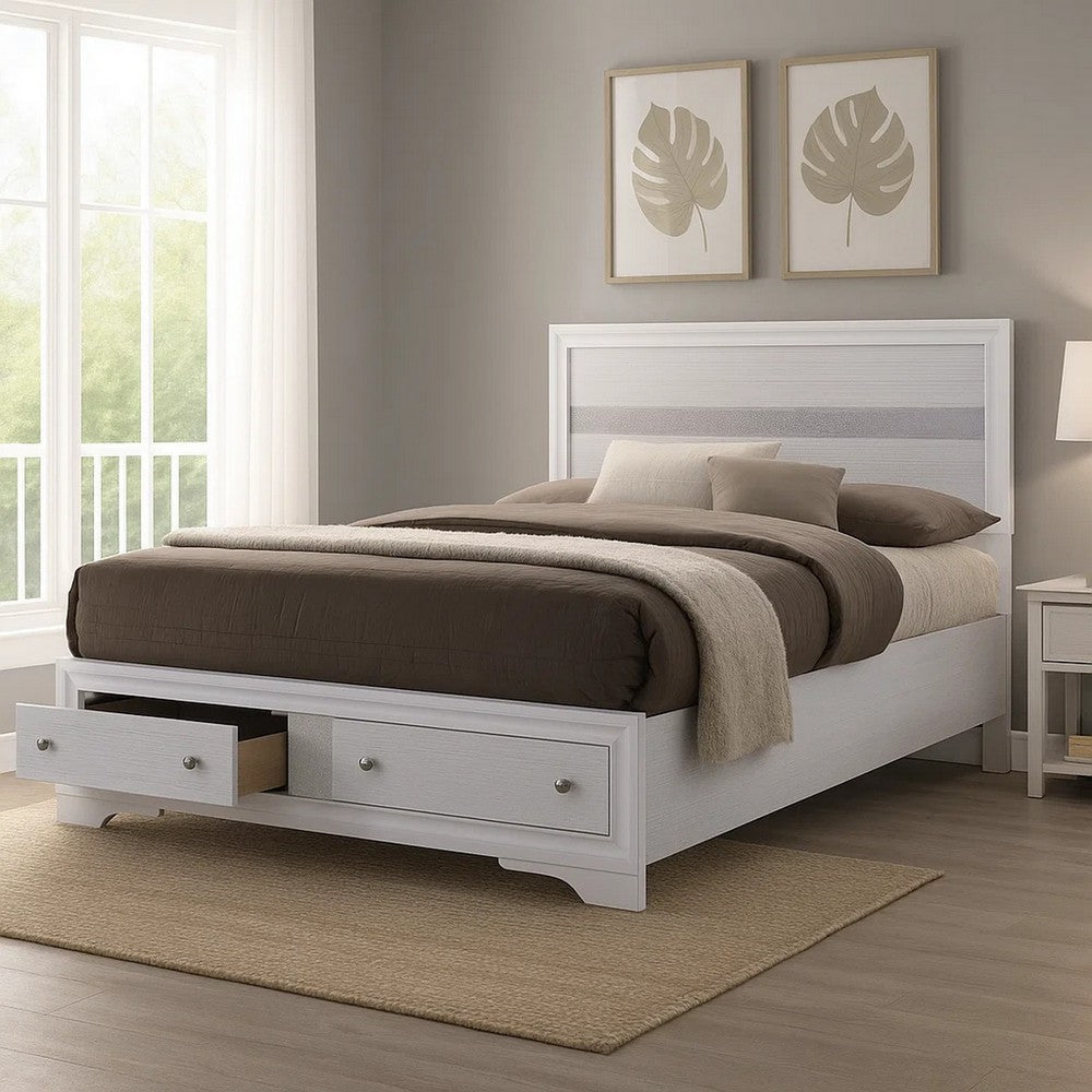 Cevy Full Size Bed | Footboard Drawers | White Wood w Glitter Accents BM342390