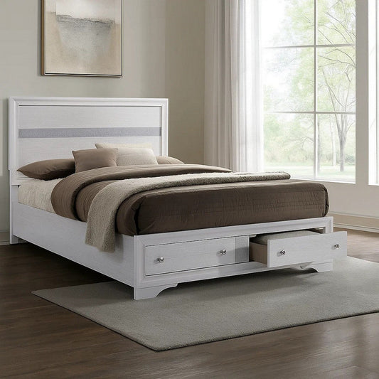 Cevy Full Size Bed | Footboard Drawers | White Wood w Glitter Accents