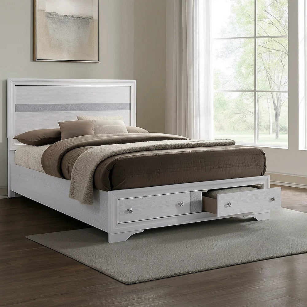 Cevy Full Size Bed | Footboard Drawers | White Wood w Glitter Accents