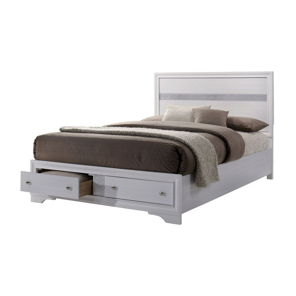 Cevy Full Size Bed | Footboard Drawers | White Wood w Glitter Accents BM342390