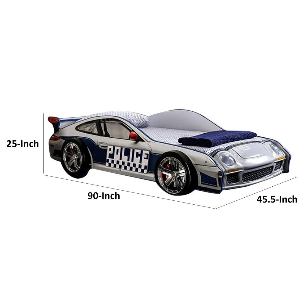 Peri Twin Size Kids Bed w Realistic Police Car Design | White | Blue BM342391