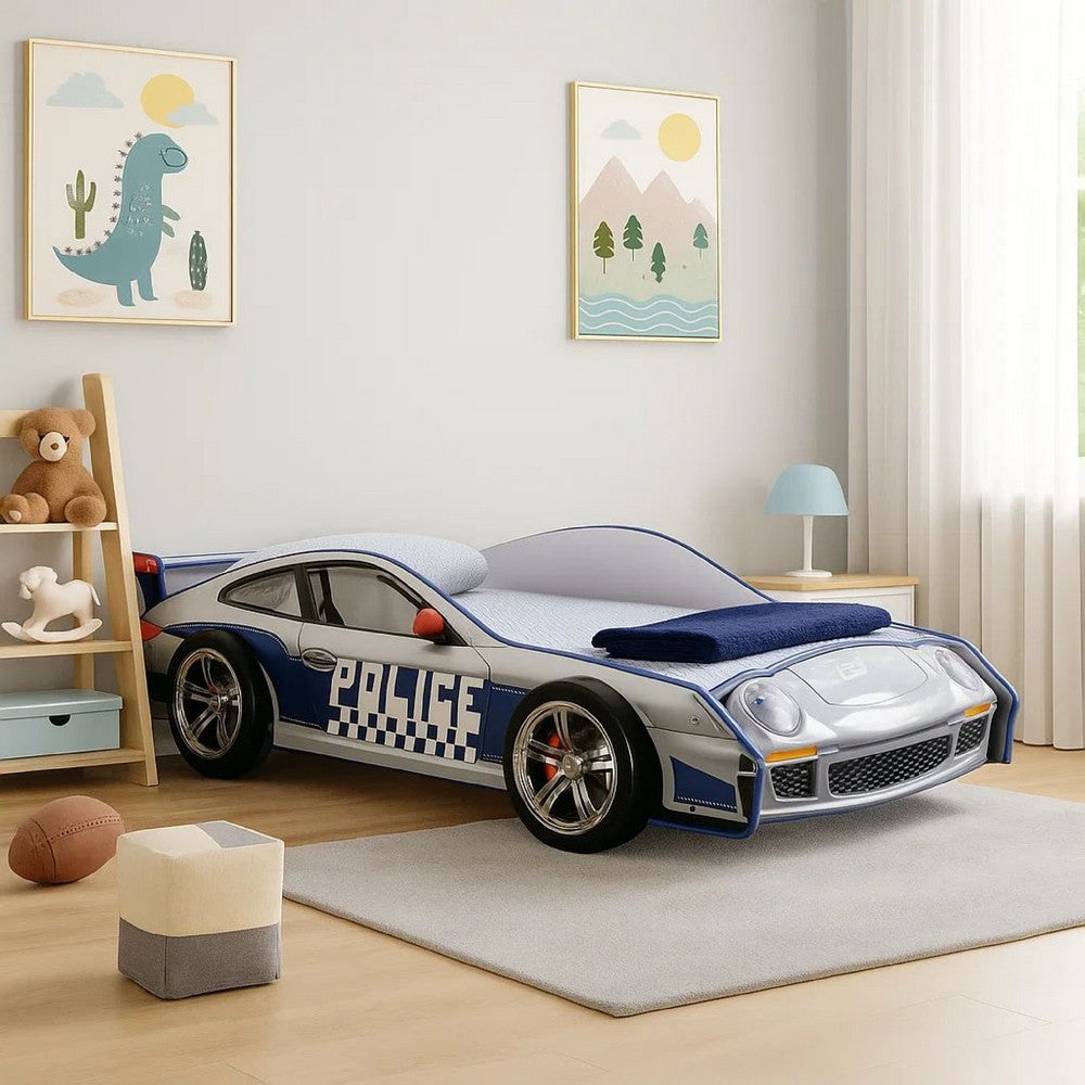 Peri Twin Size Kids Bed w Realistic Police Car Design | White | Blue