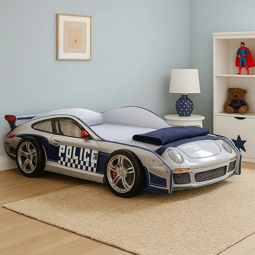 Peri Twin Size Kids Bed w Realistic Police Car Design | White | Blue