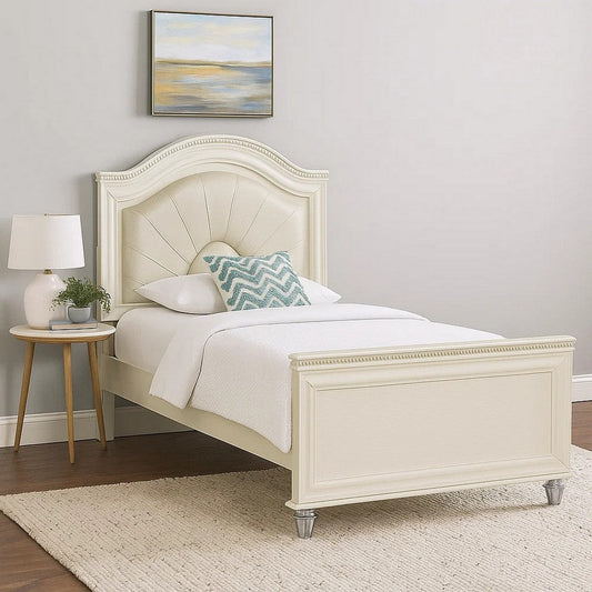 Jisoo Full Size Bed | Pearl White Upholstery | Radial Arch Headboard