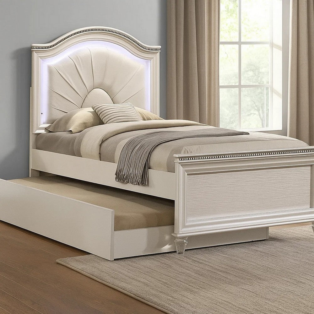 Jisoo Twin Size Bed | Pearl White Upholstery | Radial Arch Headboard BM342397