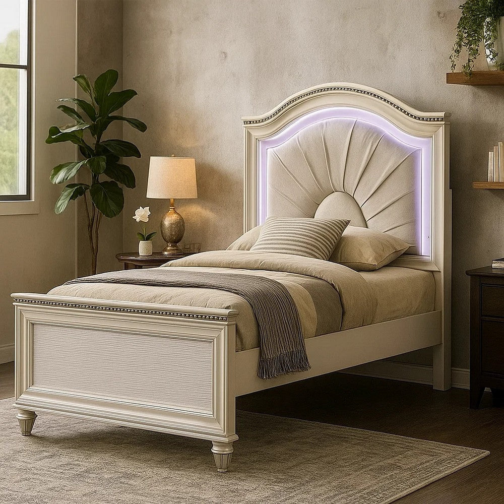 Jisoo Twin Size Bed | Pearl White Upholstery | Radial Arch Headboard