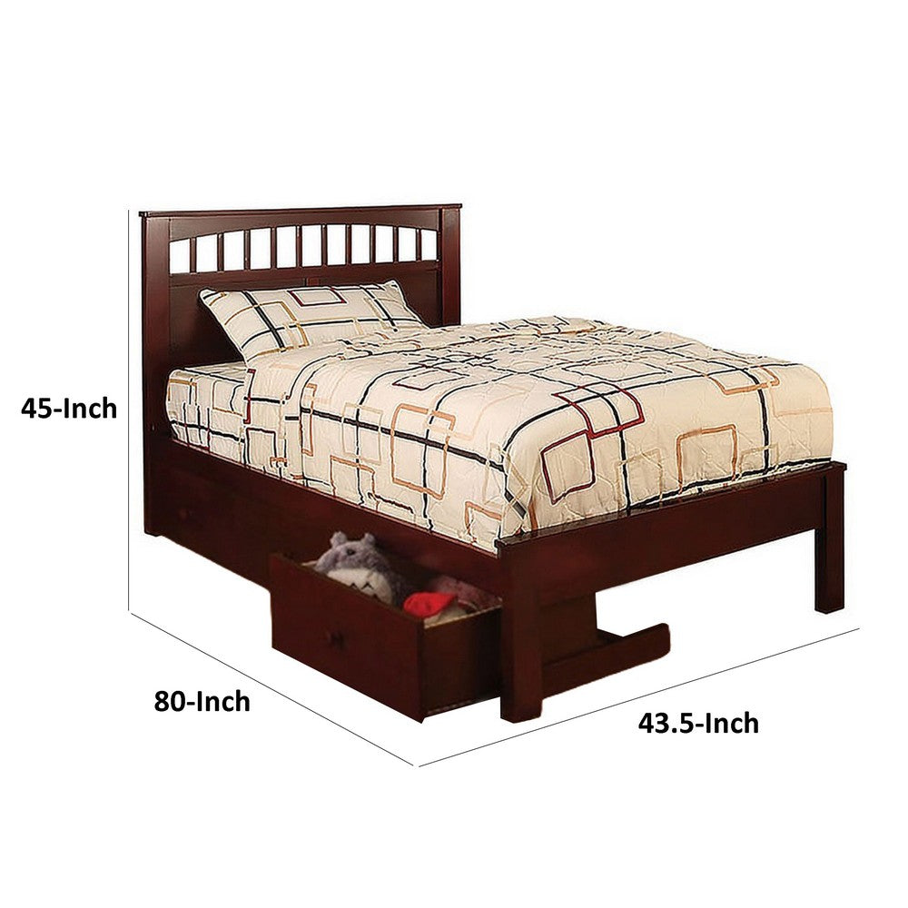 Resy Twin Size Bed | Slatted Headboard & Side Drawers | Cherry Brown