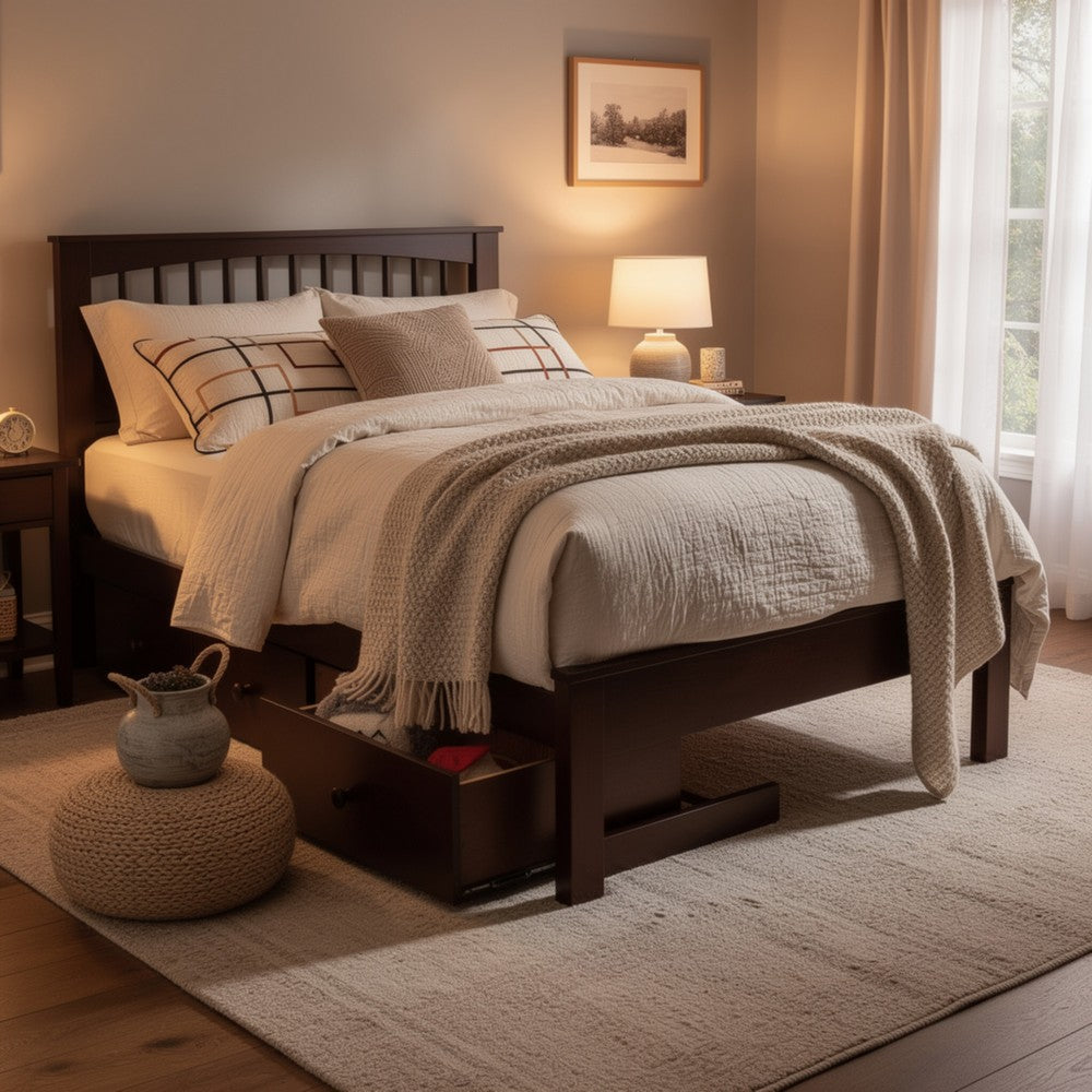 Resy Twin Size Bed | Slatted Headboard & Side Drawers | Cherry Brown