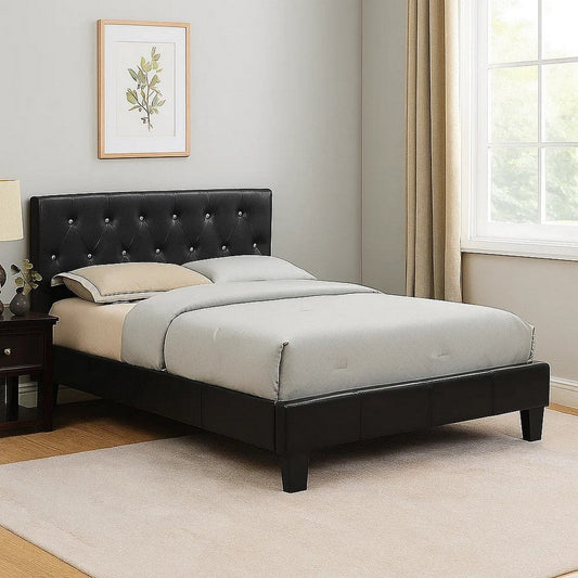 Legy Full Size Bed | Button Tufted | Black Faux Leather Upholstery