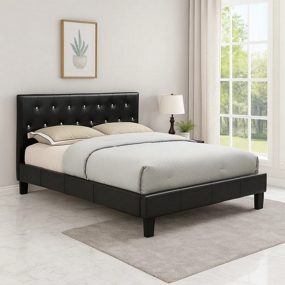 Legy Queen Size Bed | Button Tufted | Black Faux Leather Upholstery BM342400