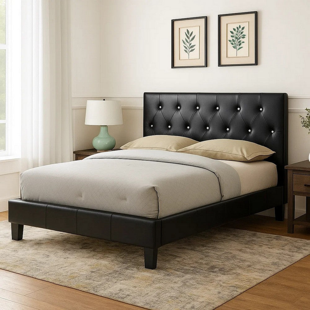Legy Queen Size Bed | Button Tufted | Black Faux Leather Upholstery