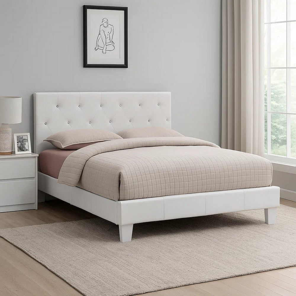 Legy Twin Size Bed | Button Tufted | White Faux Leather Upholstery BM342401