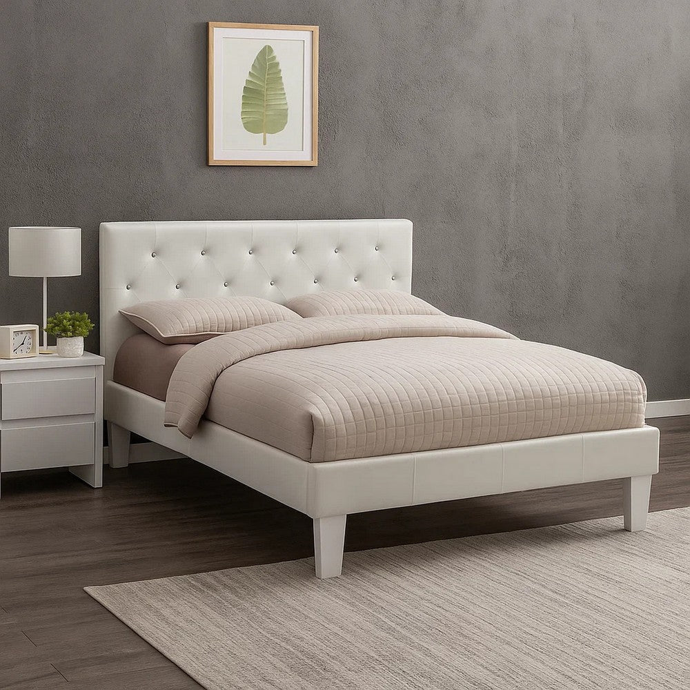 Legy Twin Size Bed | Button Tufted | White Faux Leather Upholstery