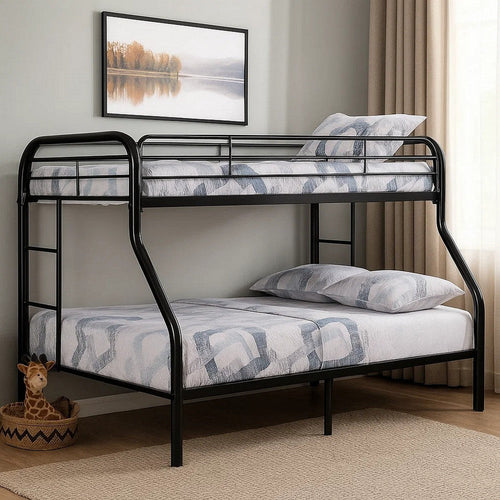 Fegy Twin over Full Bunk Bed with Ladder and Rails | Black Metal Frame