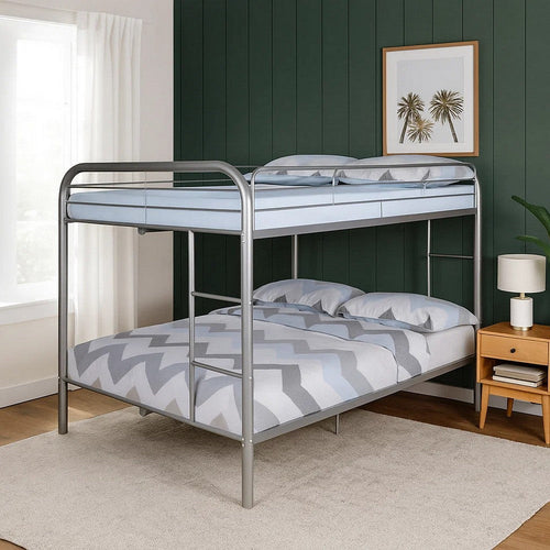 Fegy Full over Full Bunk Bed with Ladder and Rails | Silver Metal Frame