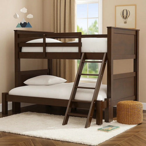 Zedy Twin over Twin Bunk Bed | Ladder and Guardrails | Walnut Brown Wood