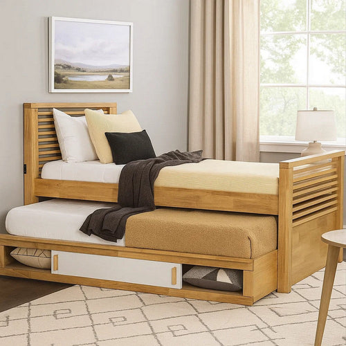 Dilu Full Size Captain Bed with Storage Trundle | Light Oak Brown