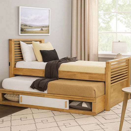 Dilu Full Size Captain Bed with Storage Trundle | Light Oak Brown