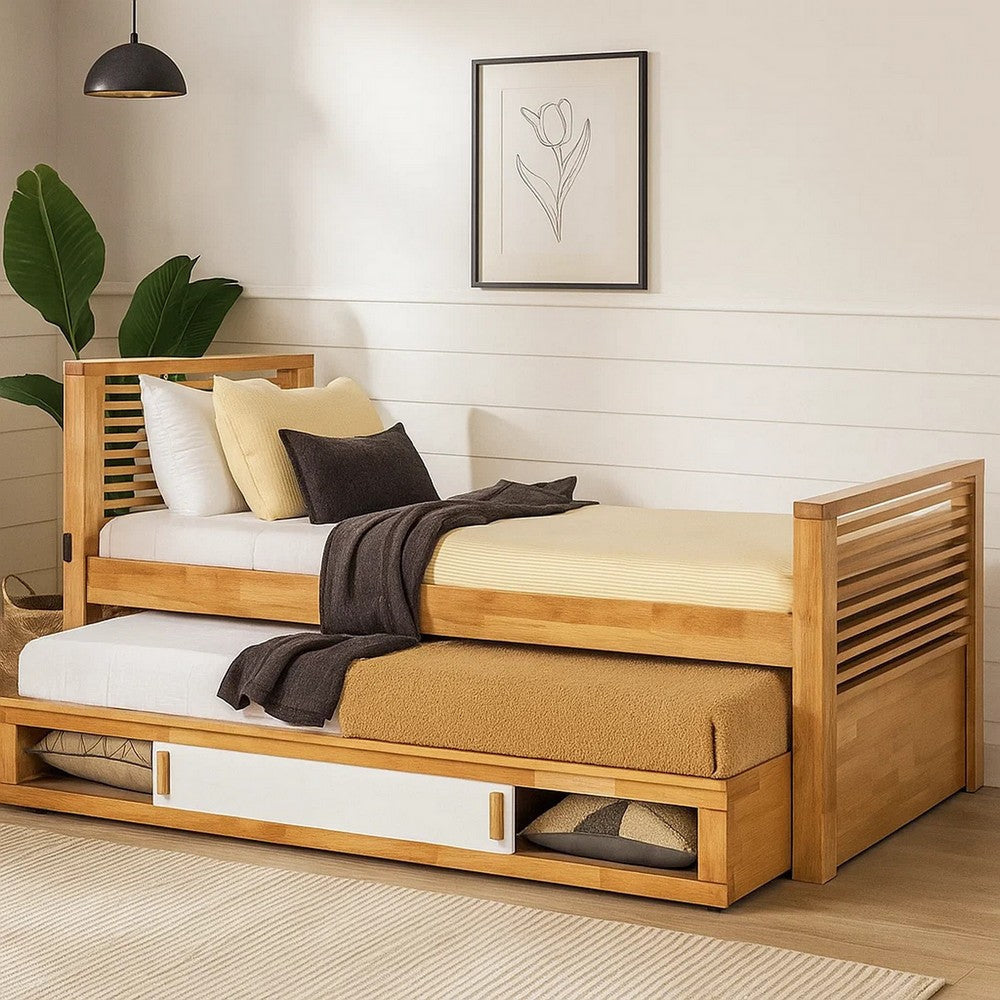 Dilu Twin Size Captain Bed with Storage Trundle | Light Oak Brown BM342414