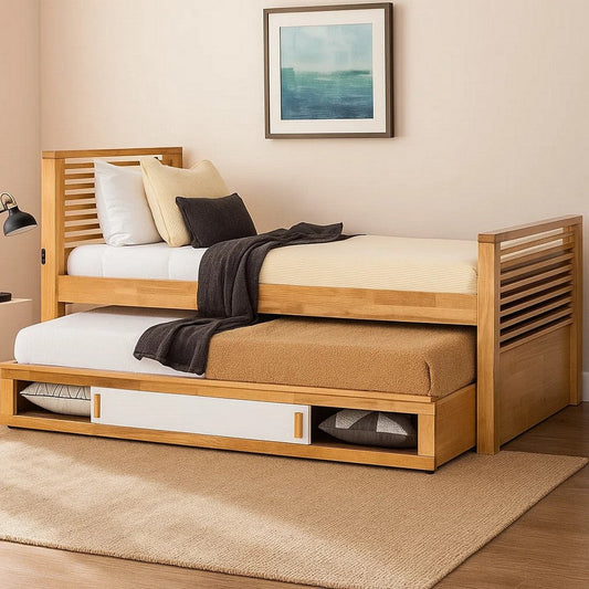 Dilu Twin Size Captain Bed with Storage Trundle | Light Oak Brown