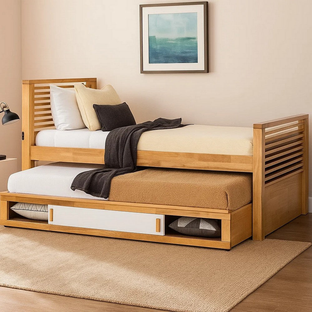Dilu Twin Size Captain Bed with Storage Trundle | Light Oak Brown