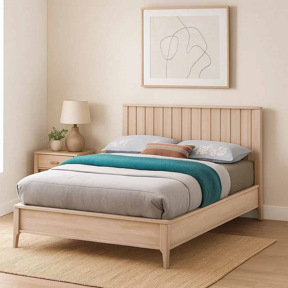 Vasu Twin Size Bed | Reeded Headboard | Whitewash Solid Rubberwood BM342416