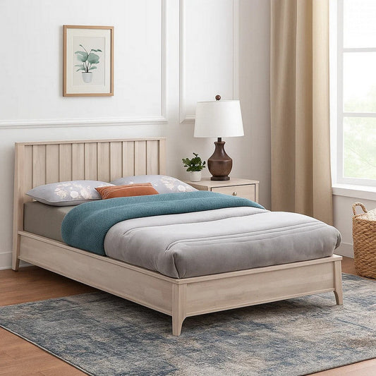 Vasu Twin Size Bed | Reeded Headboard | Whitewash Solid Rubberwood