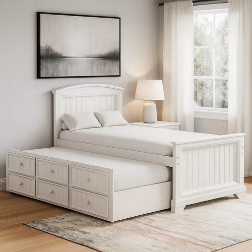Toli Twin Captain Bed w Trundle | Drawers | White Curved Panel Headboard