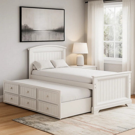 Toli Twin Captain Bed w Trundle | Drawers | White Curved Panel Headboard