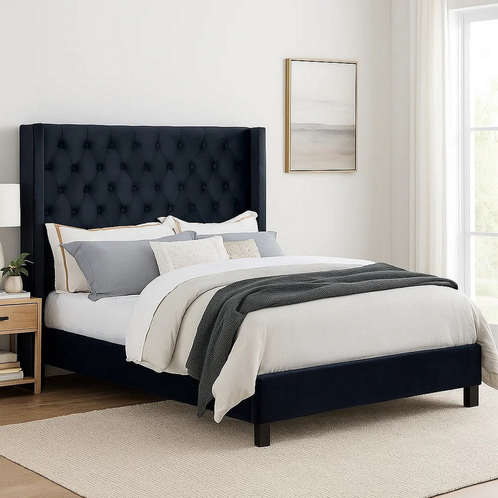 Hiu King Size Bed | Wingback Headboard in Black Velvet Like Upholstery BM342418