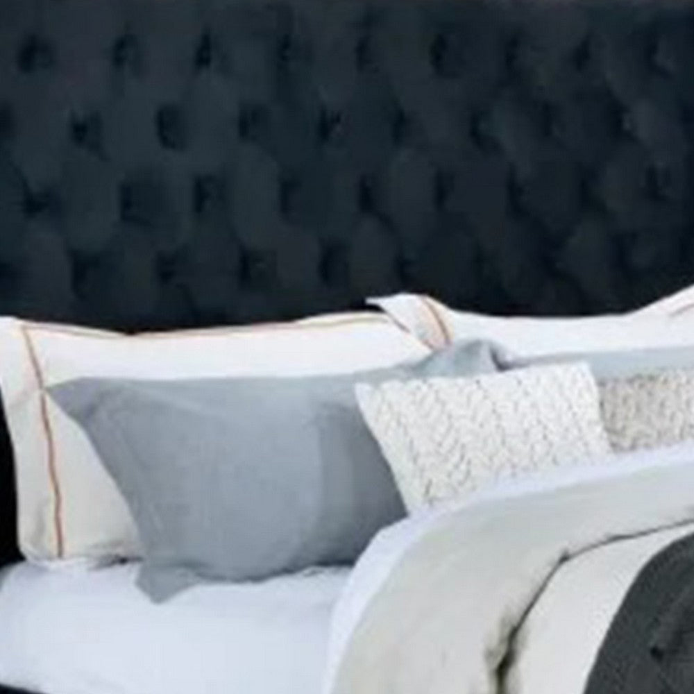 Hiu Queen Size Bed | Wingback Headboard in Black Velvet Like Upholstery BM342419