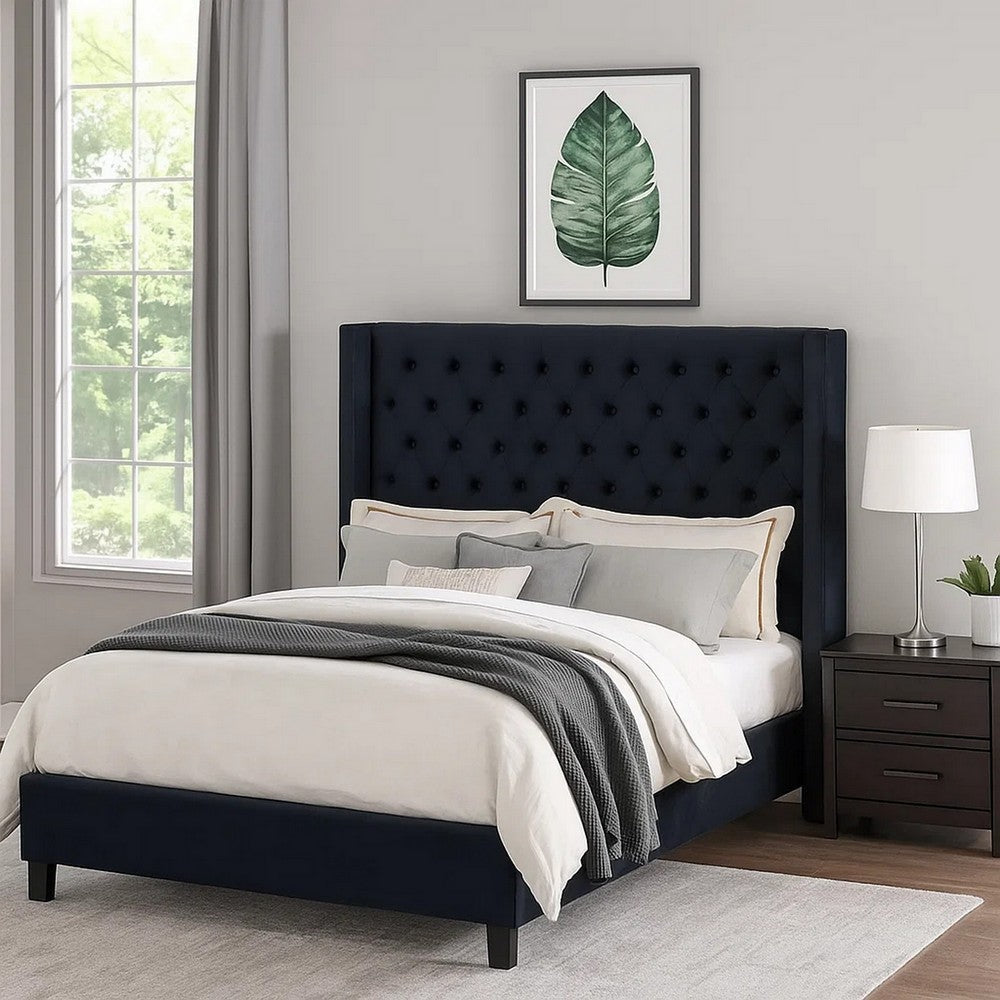Hiu Queen Size Bed | Wingback Headboard in Black Velvet Like Upholstery BM342419